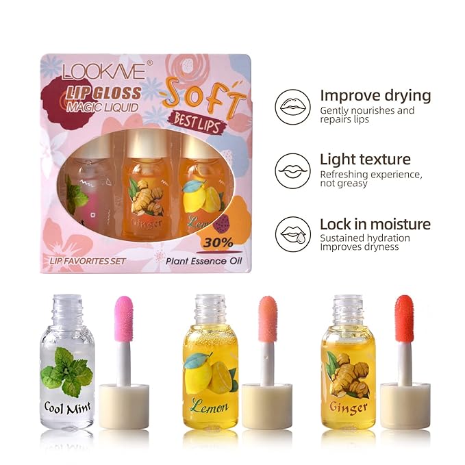 LAMUSELAND 3Pcs Mini Cute Lip Oil, Hydrating