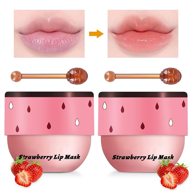 2PCS Lip Mask Overnight, Honey&Strawberry Moisturizing Exfoliator
