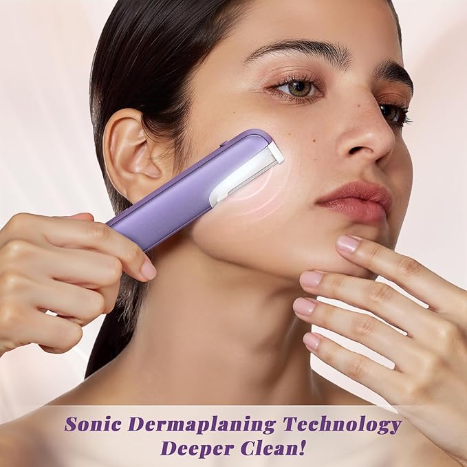 Dermaplaning Tool for Women - Facial Exfoliation & Peach Fuzz Hair Removal with Rechargeable Sonic Edge Technology, 10 Refill Blades