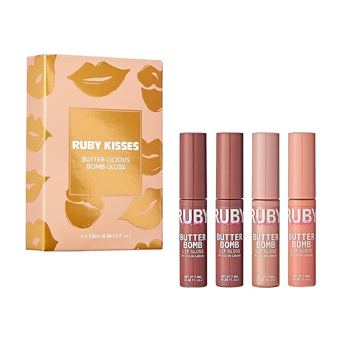 Ruby Kisses Lip Gloss Butter Bomb Gloss Non-Sticky Lip Gloss Vitamin E Natural Nude Lip Makeup- 7.8mL (0.26 US fl.oz) (Blind Date, Beau, Gloss, Babydoll)