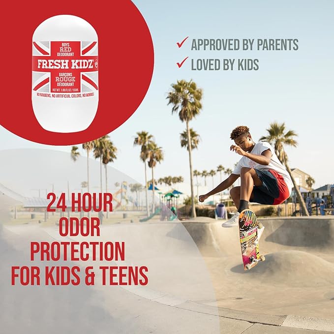 Fresh Kidz Roll On Deodorant for Kids and Teens - Baking Soda and Aluminum-free 24 Hour Protection for Sensitive Skin - Boys "Red" 1.86 fl.oz.
