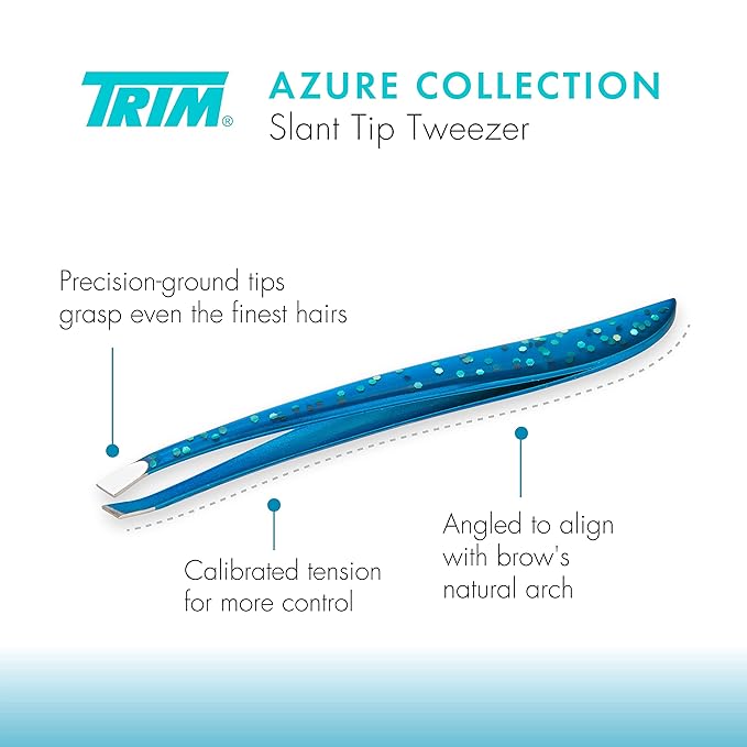TRIM Azure Collection Bundle – for Removing Hair, Curling Lashes, Clipping & Filing Nails – Includes Slant Tip Tweezers, Eyelash Curler, Nail Clipper Set & Laser Cut Nail File – Blue Glitter Sparkle