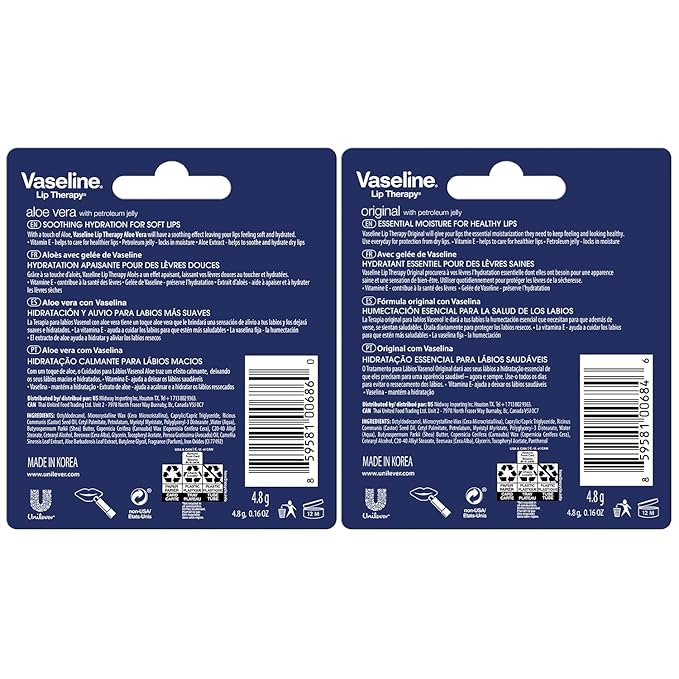 Vaseline Lip Therapy Variety 4-Pack – Original + Aloe Vera Moisturizing Lip Balm with Vitamin E, 0.16 Oz Ea