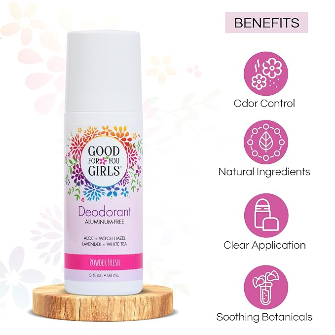 Good for You Girls Aluminum-Free, Natural Deodorant for Kids, Preteens, Teens, Safe & Effective Odor Protection, Clear Roll-On, Vegan, Natural Fragrance | Soft Powder, 3 oz (Pack of 1)