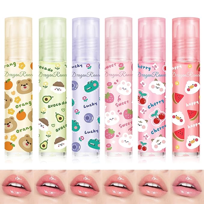 Lip Gloss Clear Jelly Lipstick Set, 6Pcs Roll On Lip Gloss Long Lasting Moisturizing Lip Balm Lip Glow Oil Nutritious Balm Lip Makeup for Women Girls
