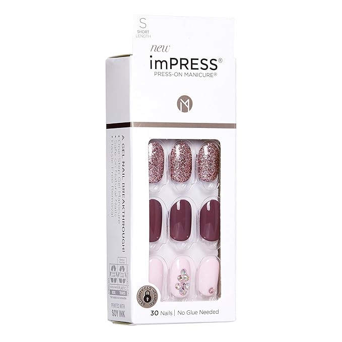 KISS imPRESS No Glue Mani Press On Nails, Design, 'Reset', Multicolor, Short Size, Oval Shape, Includes 30 Nails, Prep Pad, Instructions Sheet, 1 Manicure Stick, 1 Mini File