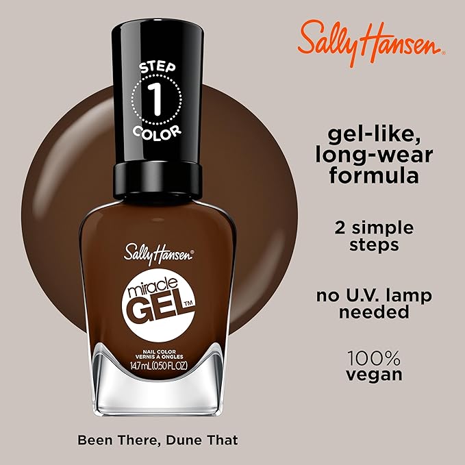 Sally Hansen Miracle Gel, Been There, Dune That, Long Lasting, Gel-Like Formula, No UV Lamp Needed, Opaque, Shiny Brown Nail Polish