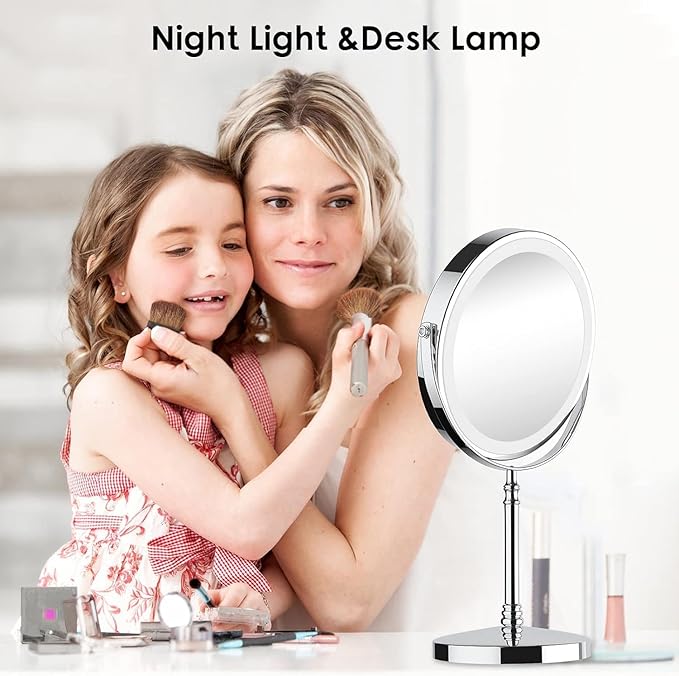 Lighted Makeup Mirror, 3000 mAh Rechargeable Double Sided Magnifying Mirror with 3 Colors, 1x/10x 360° Rotation Vanity Mirror, Brightness Adjustable Magnification Cosmetic Light up Mirror, Women Gift