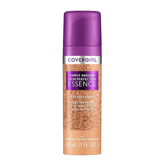 Covergirl Simply Ageless Skin Perfector Essence Foundation, 40 Medium, Tinted Skin Perfector, Skincare Makeup Hybrid, Sheer Tint, Radiant Finish, Skin-Like Finish, Vegan Formula, 1.0oz