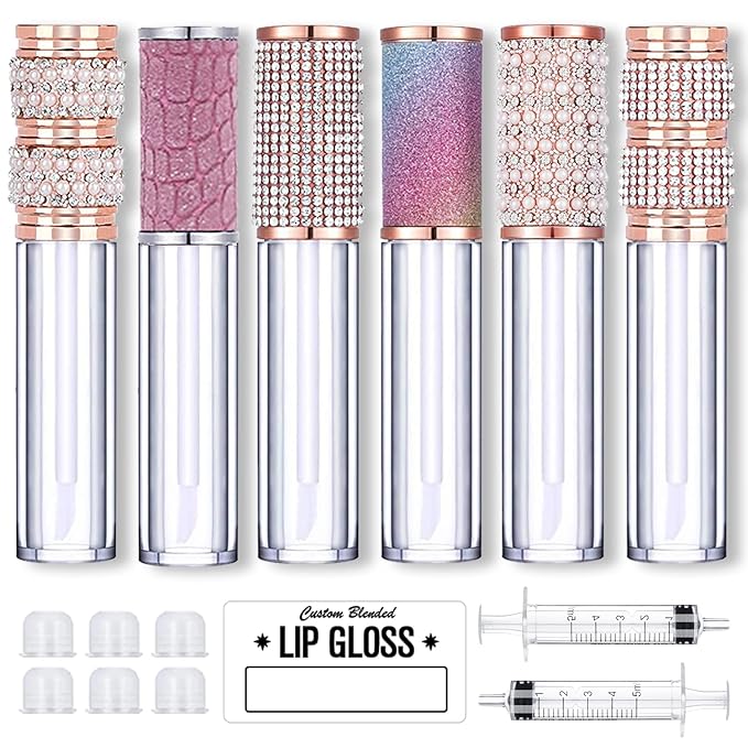 AMORIX 6pcs Lip Gloss Tubes with Wand 5ml Empty Rhinestone Lip Gloss Containers Cute Lipgloss Bottles Crystal Lip Gloss Supplies Kit with Syringe for DIY Lip Gloss Base