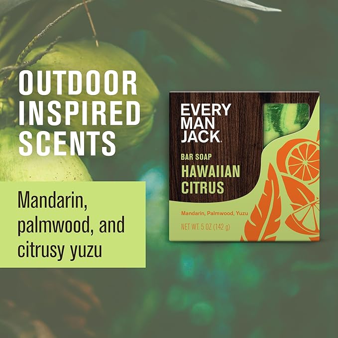 Every Man Jack Cold Processed Mens Bar Soap - Hawaiian Citrus Scent - Deeply Cleans & Hydrates w/Naturally Derived Ingredients - (3 Pack)