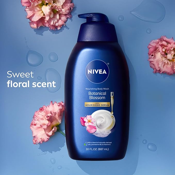 NIVEA Nourishing Botanical Blossom Body Wash with Nourishing Serum, Moisturizing Body Wash for Women, Enriched with Provitamin B5 and Vitamin E, 30 Fl Oz Bottle