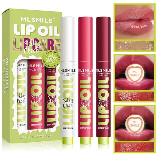 3 Colors Fat Lip Oil, Click Slick Moisturizing and Long-lasting Lip Balm, Non-stick and High Pigment Lip Glow Oil, Lightweight Lip Plumper with Coconut Oil Makeup (Set A)