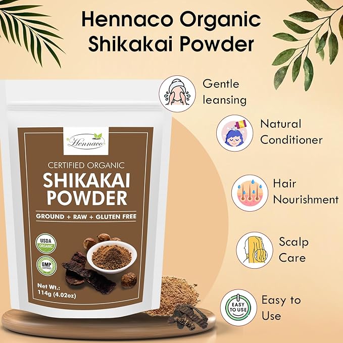 hennaco Organic Shikakai Powder| Acacia concinna Powder| Natural (4 OZ) 114 G