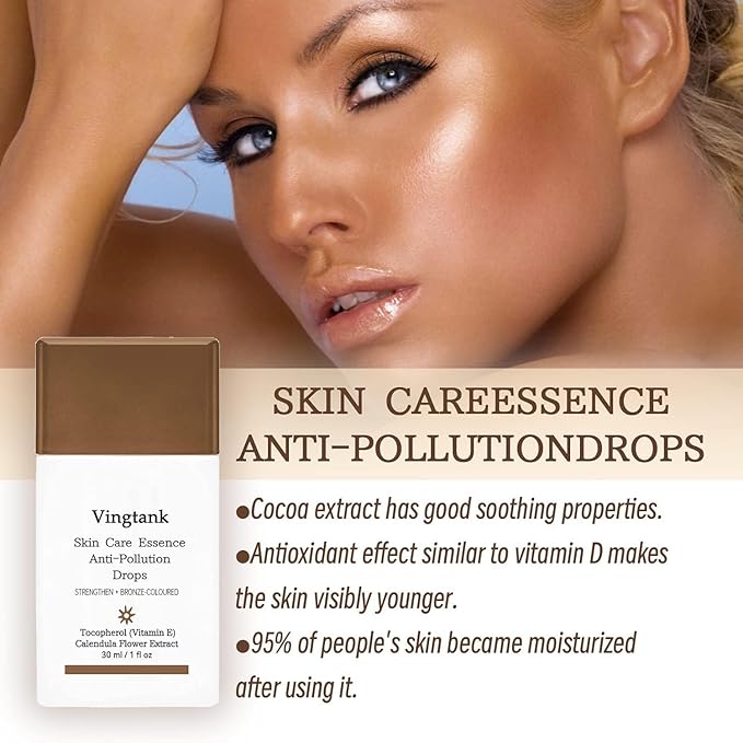 Vingtank 2 Bottles Skin Care Essence Anti-Pollution Drops - Bronzing Serum & Facial Tanning Drops,Fake Tan Peptide Serum,Liquid Bronzer Cream for Aging Skin(2 x 1.05 oz/30 ml)