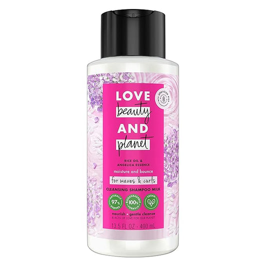 Love Beauty and Planet Shampoo Milk Moisture and Bounce for Waves and Curls Rice Oil and Angelica Essence 100 percent Biodegradable Shampoo 13.5 oz