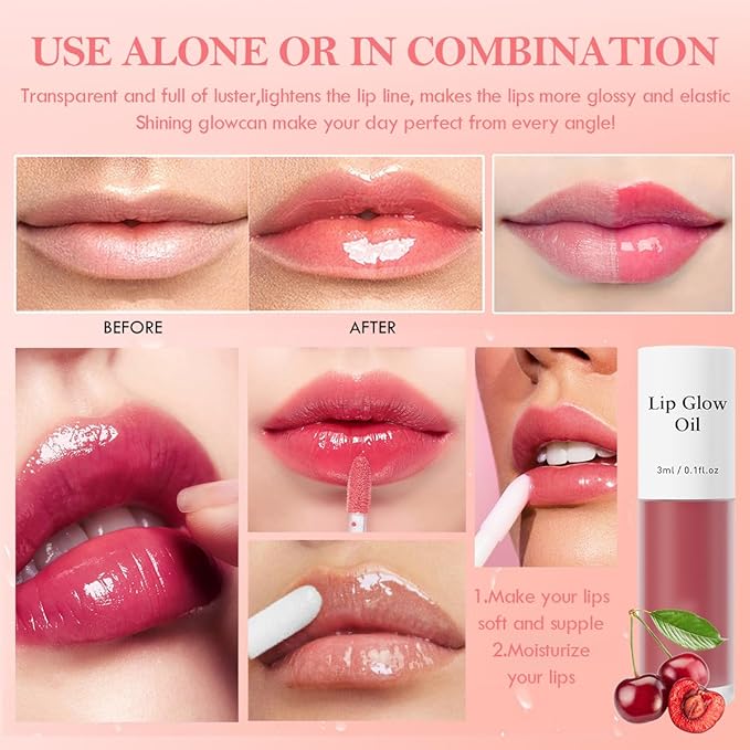2Pcs Hydrating Lip Glow Oil,Plumping Lip Gloss,Moisturizing Transparent and Nourishing Non-stick Cup Fruit Flavored Lip Oil for Reducing Lip Lines and Lip Care(04#+07#)