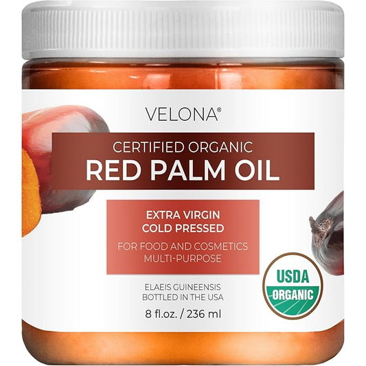 velona USDA Certified Organic Red Palm Oil 8 Fl Oz | Food and Cosmetic Grade | in jar | Extra Virgin, Cold Pressed | Skin, Face, Body, Hair Care | Use Today - Enjoy Result