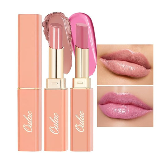 Oulac Moisturizing Shine Lipstick For Women Christmas Set 2PCS, 2 in 1 Tinted Lip Balm for Winter, Hydrated Juicy and Glossy Lip Color for Dry, Cracked and Chapped Lips, Vegan [07+14]