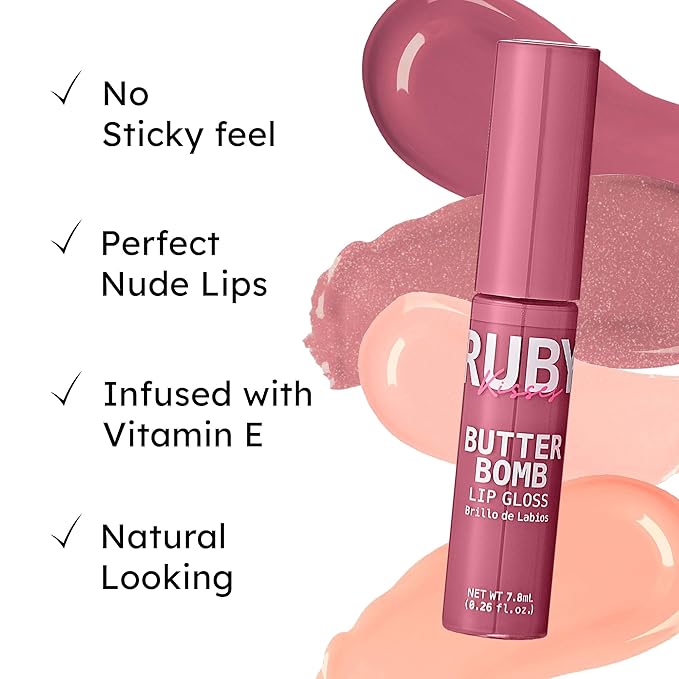 Ruby Kisses Lip Gloss Butter Bomb Gloss Non-Sticky Lip Gloss Vitamin E Natural Nude Lip Makeup - 7.8mL (0.26 US fl.oz) (Sublime)