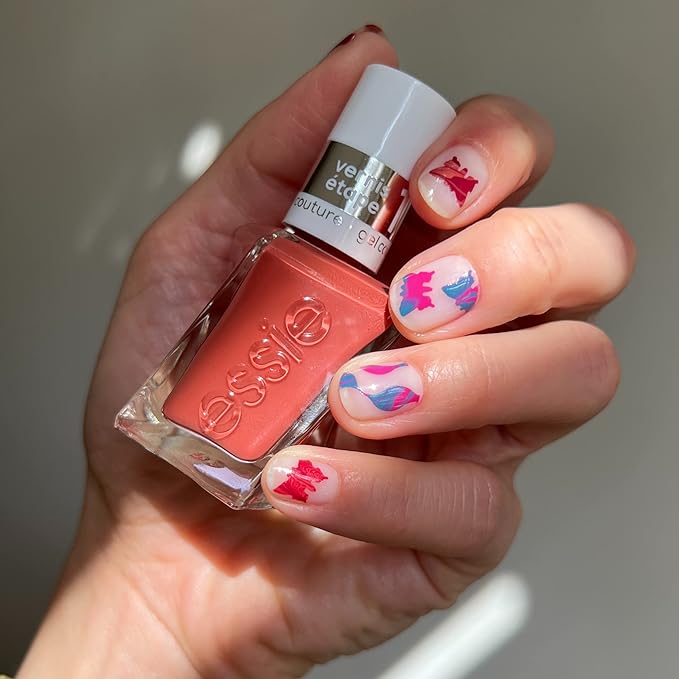 essie Nail Polish Set, electric butterfly , Longwear Gel-like Nail Polish, Woven at Heart, Coral + Put in the Patchwork, Red, Gel-like Shiny Top Coat