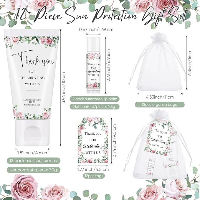 12 Sets Thank You Gifts Mini Sunscreen and Sunscreen Lip Balms Travel Size Thank You Gifts for Weddings Baby Shower Favors Supplies(Wedding)