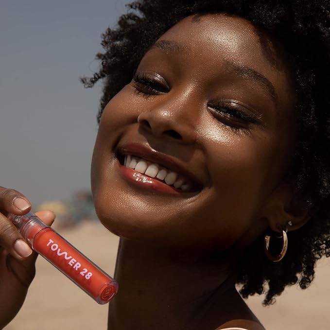 Tower 28 ShineOn Lip Jelly, FIRE, Non-Sticky, Hydrating Vegan Lip Gloss in Sheer Orange, Moisturizing Apricot and Raspberry Seed Oil, Clean, Cruelty Free