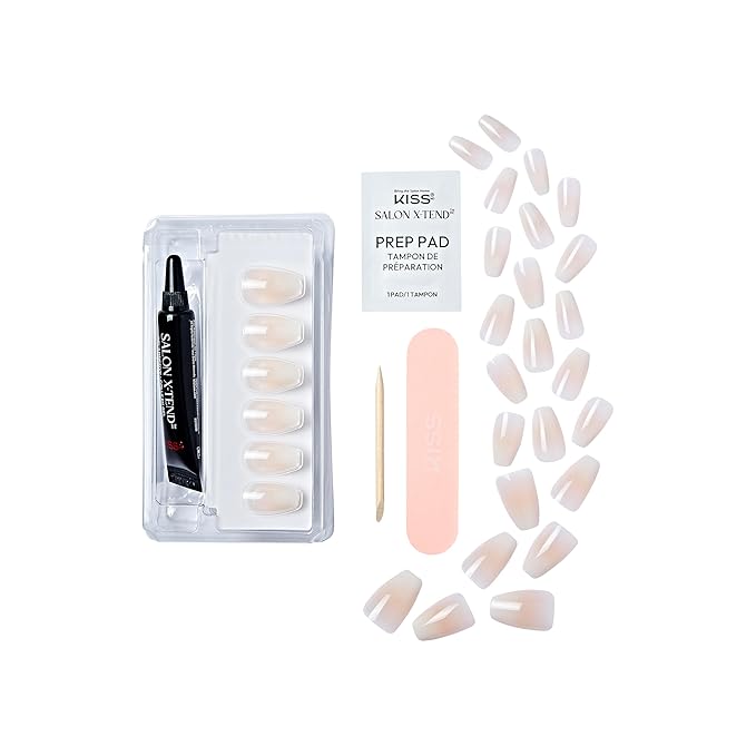 KISS Salon X-tend, Press-On Nails, Nail glue included, 'Words', Light White, Medium Size, Coffin Shape, Includes 30 Nails, 5Ml Led Soft Gel Adhesive, 1 Manicure Stick, 1 New Mini File, New Prep Pad