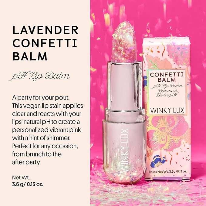 Winky Lux Glitter Confetti Balm, pH Color Changing Lipstick, Vegan & Cruelty Free Lip Balm, Hydrate & Plump, Sheer Pink Lipstick With Lavender Confetti