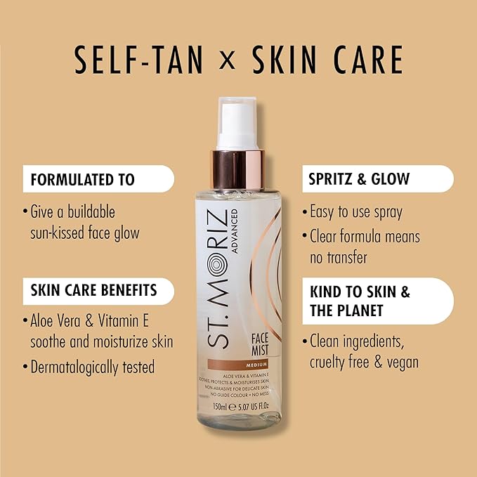 St. Moriz Advanced Self Tanner Face Mist, Sunless Tanning Spray (Medium, 5.07 Fl Oz) - Quick Tan Clear Bronzing Spray with Aloe Vera & Vitamin E – Gradual Self Tan for Face - Fake Tan Spray