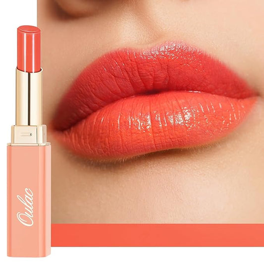 Oulac Moisturizing Shine Orange Red Lipstick for Women - 2 in 1 Orange Red Glossy Tinted Lip Balm, Hydrating Winter Lipstick for Dry Lips,Shine Juicy Finish Vegan 2.2g/0.07oz (12)