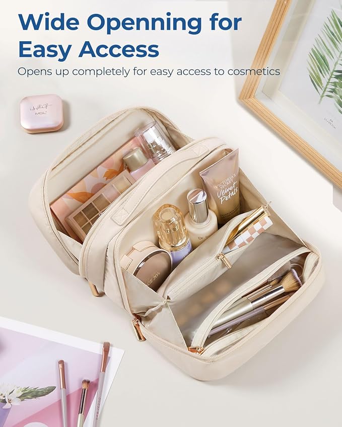 BAGSMART Travel Makeup Bag, Portable Make Up Bag, Wide-open Makeup Organizer Cosmetic Bags for Women for Travel Essentials Travel-Size Toiletries Accessories Bottles, Brushes (Beige)