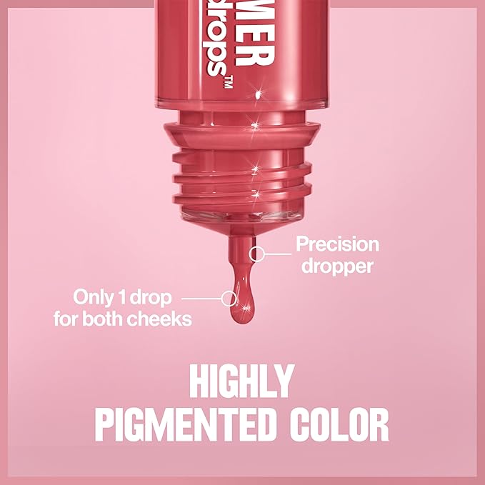 Revlon Glimmer Blush Drops, Liquid Blush for Cheeks, Liquid to Velvety Powder Finish, Glowy, High Pigment, 101 Coralicious, 0.32 fl oz