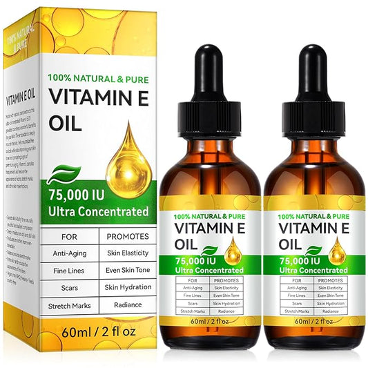 2PCS Natural Vitamin E Oil for Skin, 75,000 IU Ultra Concentrated Vitamin E Oil for Face, Hair and Scars, Moisturizing Dry Skin Oils, Promotes Skin Elasticity