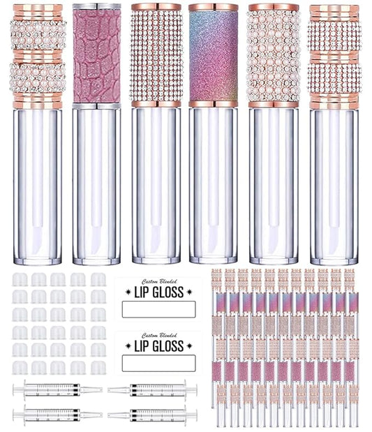 AMORIX 72pcs 5ml Diamond Lip Gloss Tubes with Wand Lipgloss Tubes Bulk Empty Rhinestone Lip Gloss Containers Bottles Crystal Lip Gloss Supplies Kit, 4 x Syringes + Labels for DIY Lip Gloss Base