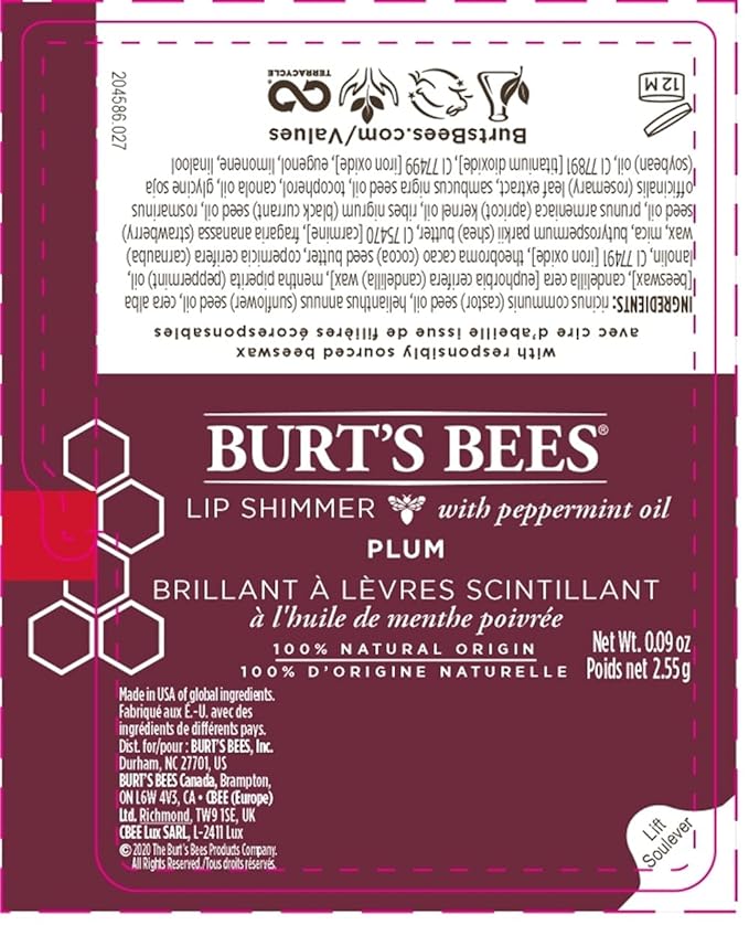 Burt's Bees® 100% Natural Origin Moisturizing Lip Shimmer, Plum, 1 Tube (Package May Very)