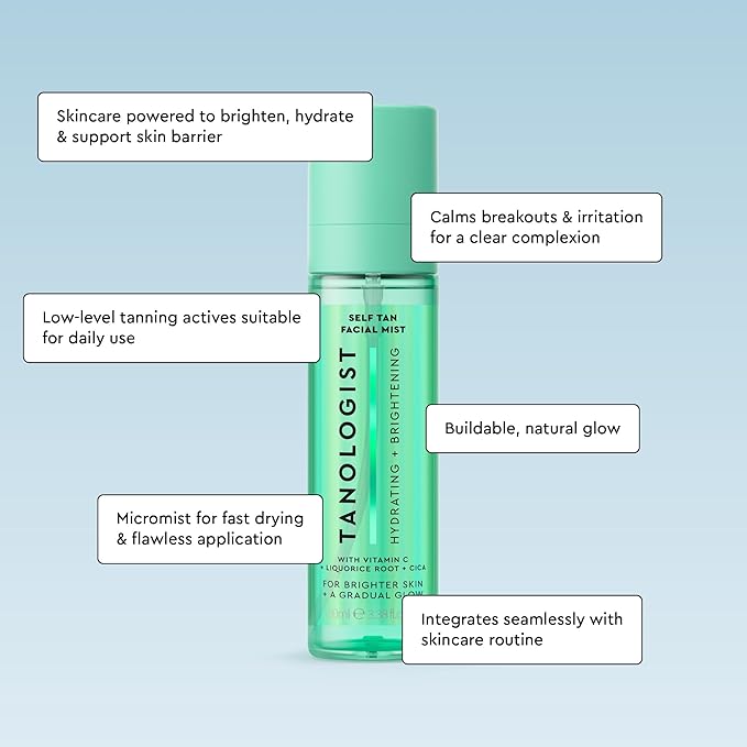 Tanologist Self Tan Hydrating & Brightening Face Mist - 100ml Tanologist Self Tan Face Mist - Gradual Self Tanner for Face - Bronzing Mist