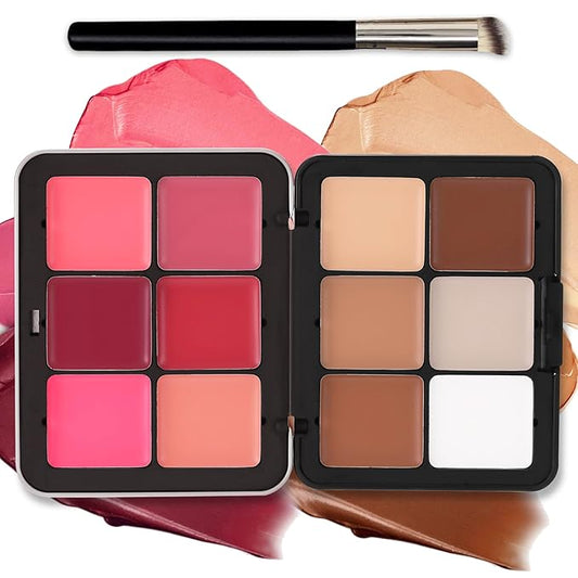 12 Colors Cream Blush Palette Cream Concealer Foundation Palette,Natural Matte Face Makeup Palette with Brush