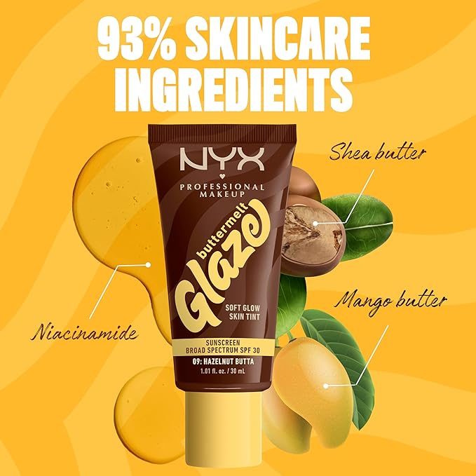 NYX PROFESSIONAL MAKEUP Buttermelt Glaze Soft Glow Skin Tint + SPF 30, Up To 12HR Wear, 09 Hazelnut Butta