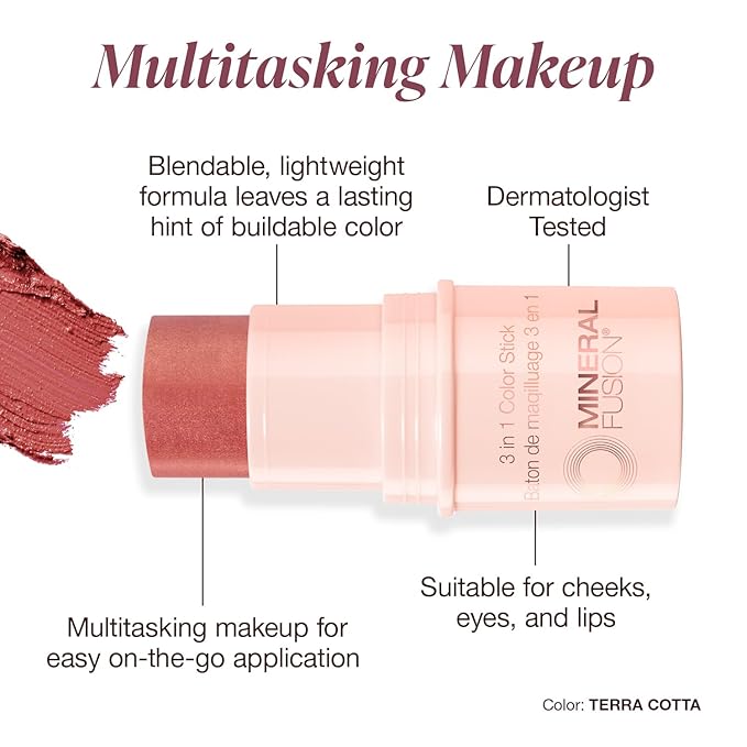 Mineral Fusion 3-in-1 Color Stick, Instant Color Pop and Blush for Cheeks, Creamy Lightweight Formula, Multi-Use Eye, Face, and Lip Makeup, Terra Cotta