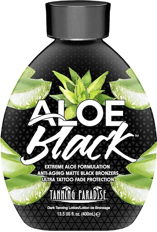 Tanning Paradise Aloe Black Tanning Lotion | Anti-Aging, Anti-Orange, Anti-Wrinkle Matte Black Bronzer Tanning Lotion | Tattoo & Color Fade Protection | Aloe Vera Cashmere Blend Tanning Lotion 13.5 oz