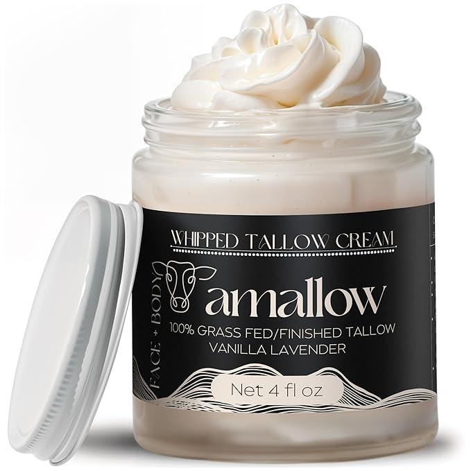 100% Grass Fed Beef Tallow for Skin Care - Face + Body - Whipped Moisturizer - Natural Lotion, 4 FL. oz. (Vanilla Lavender)