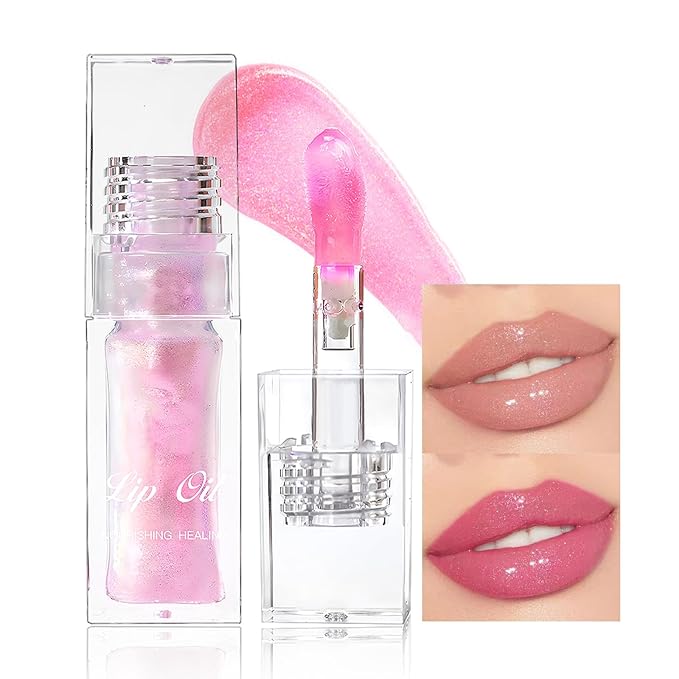 Erinde Magic Color Changing Moisturizing Lip Glow Oil, Plumping Glimmer Changing Lip Oil, Long Lasting Nourishing Lip Glow Oil, Non-sticky Fresh Texture Big Brush Lip Gloss Lip Balm, Pink Shimmer
