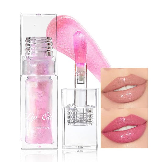 Erinde Magic Color Changing Moisturizing Lip Glow Oil, Plumping Glimmer Changing Lip Oil, Long Lasting Nourishing Lip Glow Oil, Non-sticky Fresh Texture Big Brush Lip Gloss Lip Balm, Pink Shimmer