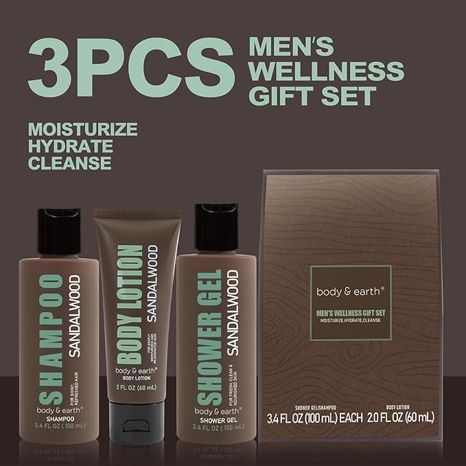 Sandalwood Men's Bath & Body Set - Shower Gel, Body Lotion, Shampoo - Self Care Gifts for Men