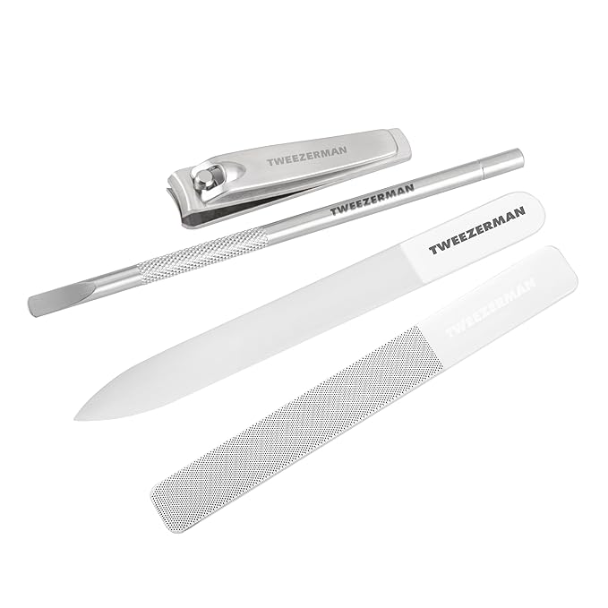 Tweezerman Glass Manicure Set Includes Nail Clipper, Cuticle Pusher, Glass Nail File, and Glass Nail Buffer