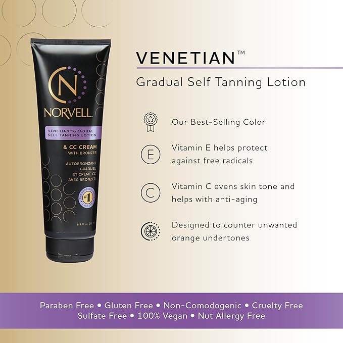 Norvell Venetian Sunless Self Tanner Gradual Color Extender Moisturizing Lotion, 8.5 fl.oz - Self Tanning Cream with Violet and Brown Tone, Instant Bronzers Fake Tan