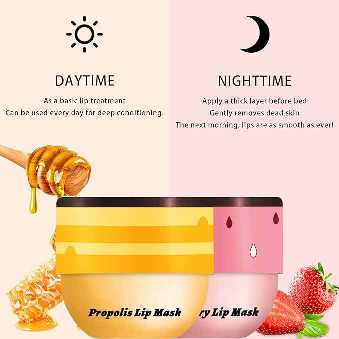 2PCS Lip Mask Overnight, Honey&Strawberry Moisturizing Exfoliator