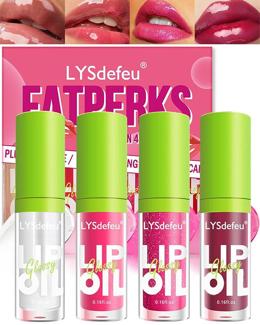 4 Colors Lip Oil Lip Glaze,Hydrating Tinted Plumping Lip Gloss,Clear Pink Shiny Glow Reviver Lip Care Oil,Longlasting Non-sticky Transparent Lip Oil,Women's Day Makeup Gift Kit for Women-SetA