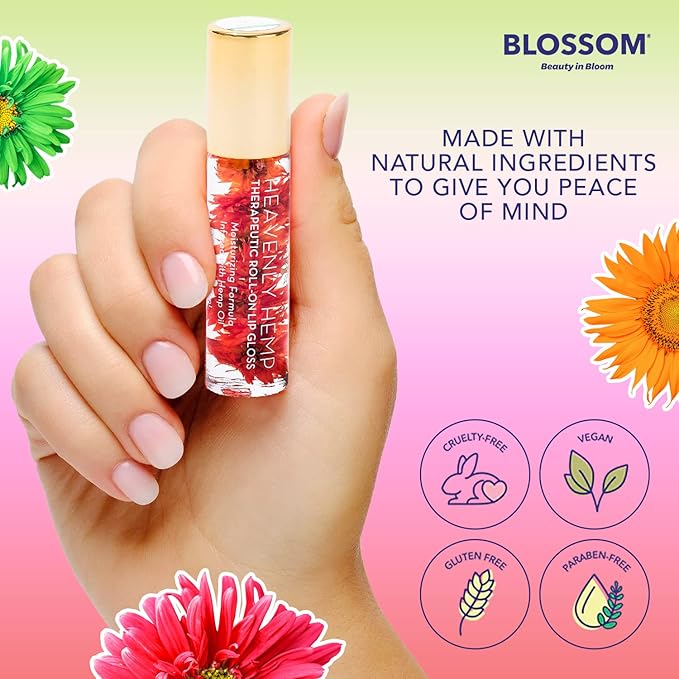 Blossom Roll on Lip Gloss, Scented Clear High Shine Moisturizing Lip Oil, Non Sticky, Infused with Real Flowers, Made in USA, 0.2oz, Peach Hemp